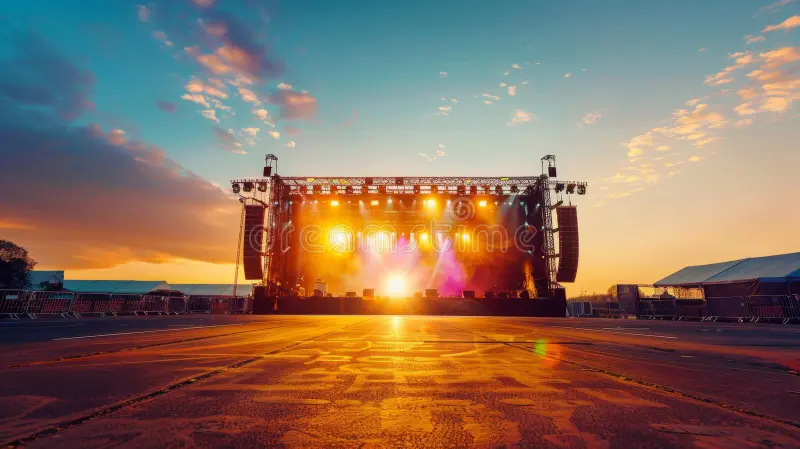 Escenario de un festival musical dominicano al atardecer con público frente a la tarima